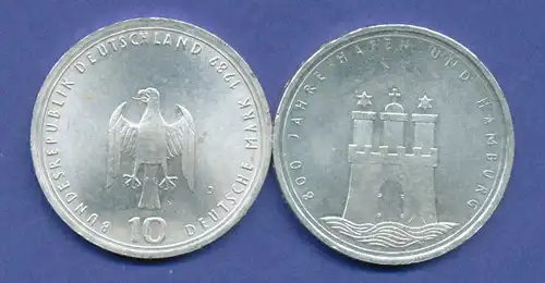 Bundesrepublik 10DM Silber-Gedenkmünze 1989, 800 Jahre Hafen Hamburg