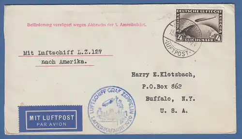 Dt. Reich Zeppelin 1.Amerikafahrt 1929 Brief nach Buffalo verzögert wg. Abbruch
