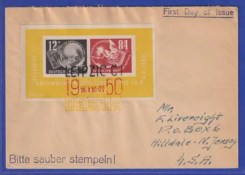 DDR 1950 DEBRIA-Block auf FDC, adressiert in die USA 
