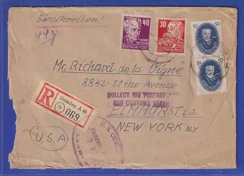 DDR 1950 Akademie 50Pfg ect. auf R-Luftpost-Brf aus Dresden gel. in die USA