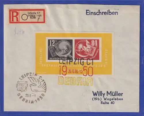 DDR 1950 DEBRIA-Block auf R-Brief gel. nach Wegeleben