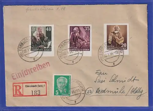 DDR 1954 R-Brief von Ebersbach nach Heidmühle. Einzelmarken aus Marx-Block ! 