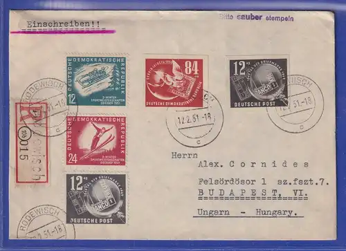 DDR 1951 R-Brief aus Rodewisch gel. nach Budapest. Block-Einzelmarken !