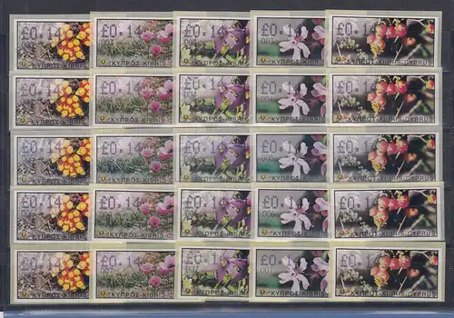 Zypern ATM Wildblumen 2002, Mi.-Nr. 5-9 je eine ATM aller Aut.-Nr. 003 - 007 **