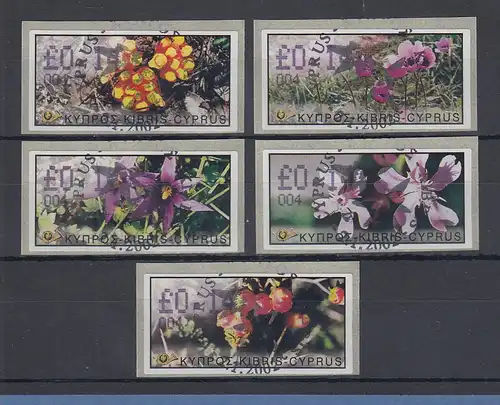 Zypern ATM Wildblumen 2002, Mi.-Nr. 5-9 Aut.-Nr. 004 je eine ATM mit ET-O