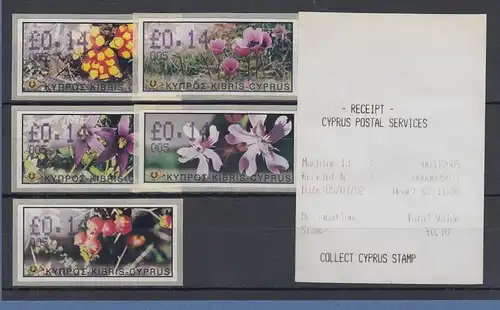Zypern ATM Wildblumen 2002, Mi.-Nr. 5-9 Aut.-Nr. 005   5 ATM mit Quittung