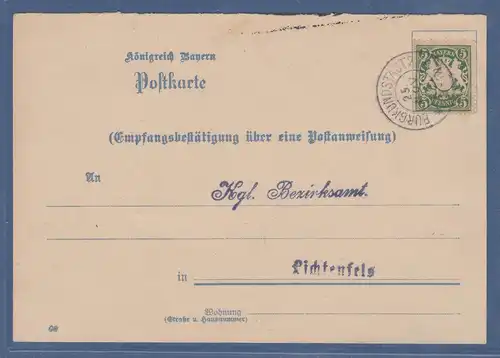 Bayern Wappen 5Pfg Mi.-Nr. 61x auf Postanweisungs-Empfangsbestätigung, 1910