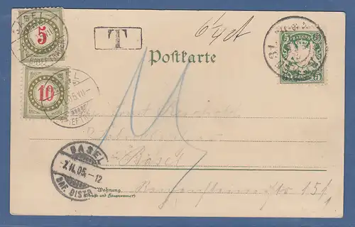 Bayern Wappen 5 Pfg. Mi.-Nr. 61 auf nachtaxierter Postkarte in die Schweiz