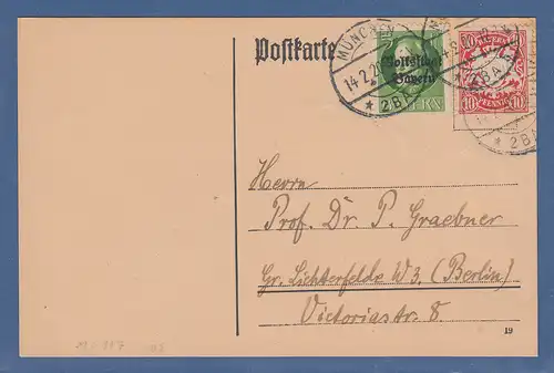 Bayern Wappen 10Pfg. Mi.-Nr. 56y und 5 Pfg Volksstaat Mi.-Nr. 117 IIa Postkarte 
