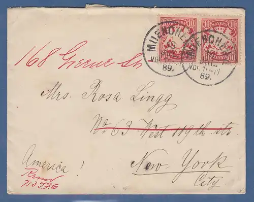 Bayern Wappen 10 Pfg Mi.-Nr. 56x MEF auf Brief nach New York / USA 1889