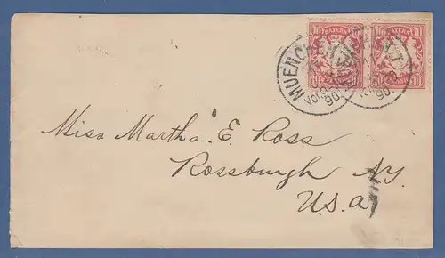 Bayern Wappen 10 Pfg Mi.-Nr. 56x Paar auf Brief nach Rossburgh / USA 1890
