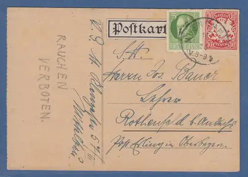 Bayern Wappen 10 Pfg Mi.-Nr. 56y Spätverwendung 1920 in MIF auf Karte, O München
