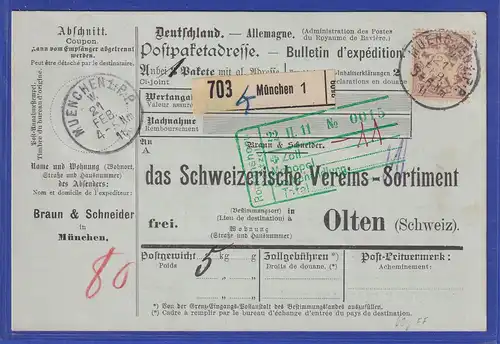 Bayern 80Pfg Wappen Mi.-Nr. 68y auf Paketkarte von München in die Schweiz