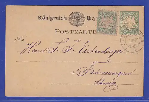 Bayern Wappen 5 Pfennig Mi.-Nr. 38 als ZUF auf Postkarte in die Schweiz , 1879