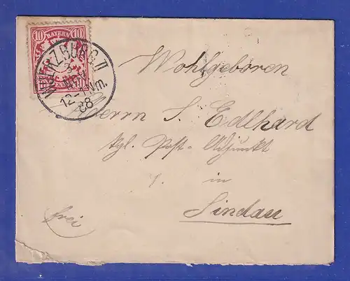 Bayern Wappen 10Pfg rot Mi.-Nr. 56A als EF auf Brief aus Würzburg  Nov. 1888