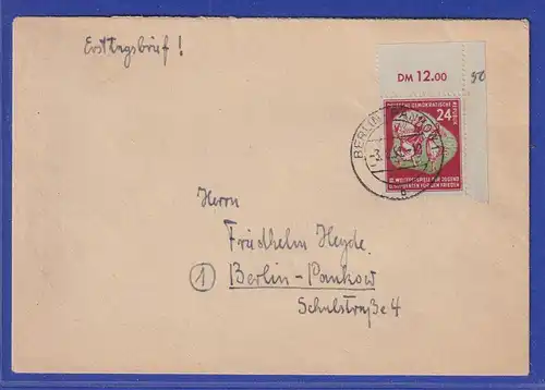 DDR 1951 Festspiele Mi.-Nr. 290 Eckrandstück als EF auf FDC, O BERLIN - PANKOW