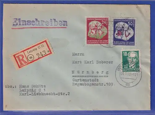 DDR 1951 Festspiele Mi.-Nr. 290 und 292 auf R-Brief von Leipzig nach Nürnberg