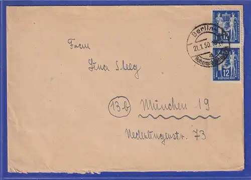 DDR 1950 Postgewerkschaft 12 Pfg Mi.-Nr. 243 senkr. Paar auf Brief aus Berlin