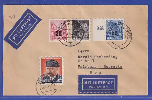 DDR 1955 Lp-Brief von Loessnitz / Erzgebirge gel. nach Fairbury / Nebraska USA