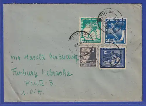 DDR 1952 Wintersport und andere Werte auf Brief von PIRNA nach Fairbury / USA