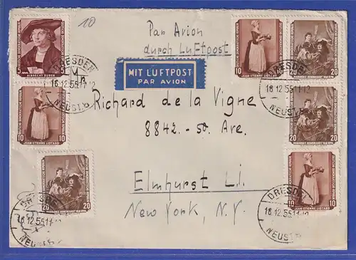 DDR 1956 Gemälde Mi-Nr. 504, 505 und 507 in MIF auf Lp-Brief nach Elmhurst / USA