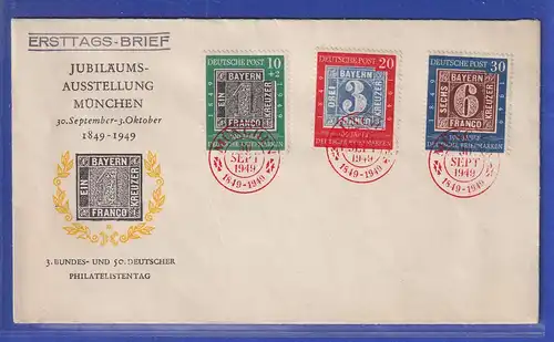Bund 1949 100 Jahre Briefmarken Mi-Nr. 113-15 mit rotem ET-O MÜNCHEN auf FDC