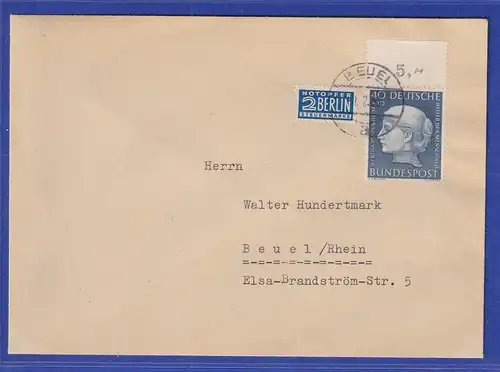 Bund 1954 Bertha Pappenheim Mi.-Nr. 203 mit Oberrand auf Brief aus Beuel