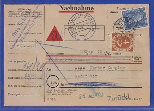 Bund 1951 Röntgen Mi.-Nr. 147 in MIF auf Nachnahme-Karte aus Pleinfeld