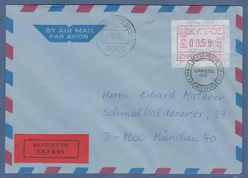 Zypern Frama-ATM 1989 Nr.002 aus OA Wert 0.59 auf Expres.-Brief nach München