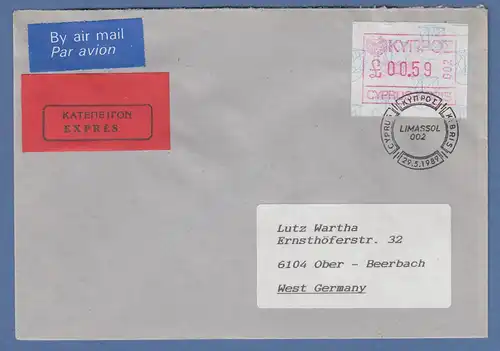 Zypern Frama-ATM 1989 Nr.002 aus OA Wert 0.59 auf Expres.-Brief nach D