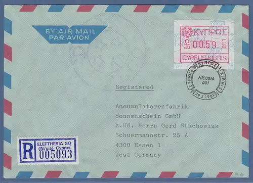 Zypern Frama-ATM 1989 Nr.001 aus OA Wert 0.59 auf R-Brief nach Deutschland
