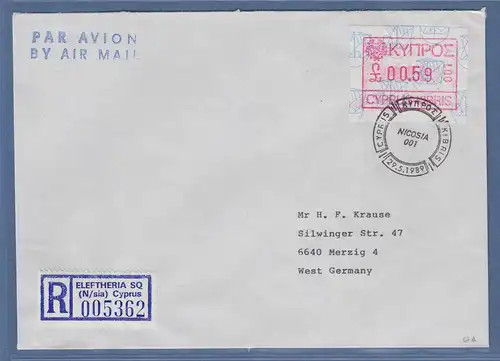 Zypern Frama-ATM 1989 Nr.001 aus OA Wert 0.59 auf R-Brief n. Deutschland