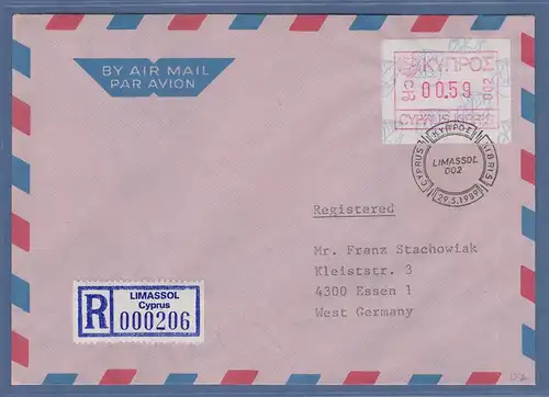 Zypern Frama-ATM 1989 Aut.-Nr.002 aus OA Wert 0.59 auf R-Brief n. Deutschland