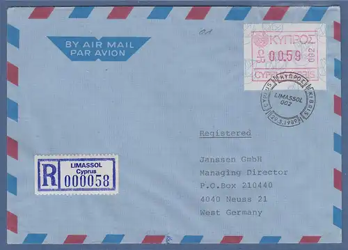 Zypern Frama-ATM 1989 Aut.-Nr.002 aus OA Wert 0.59 auf R-Brief nach Deutschland