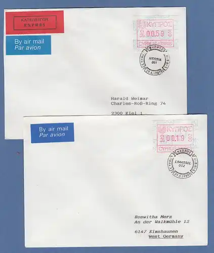 Zypern Frama-ATM 1989 Aut.-Nr.001 und 002 aus OA je auf FDC nach Deutschland