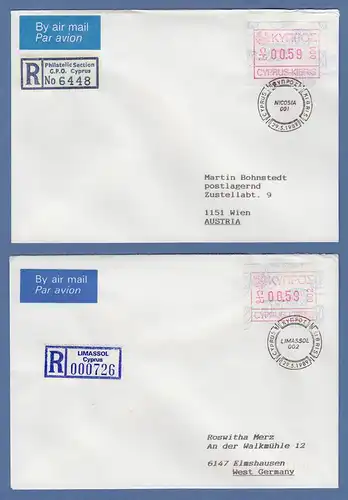 Zypern Frama-ATM 1989 Aut.-Nr.001 und 002 aus OA je auf R-FDC nach D bzw. A