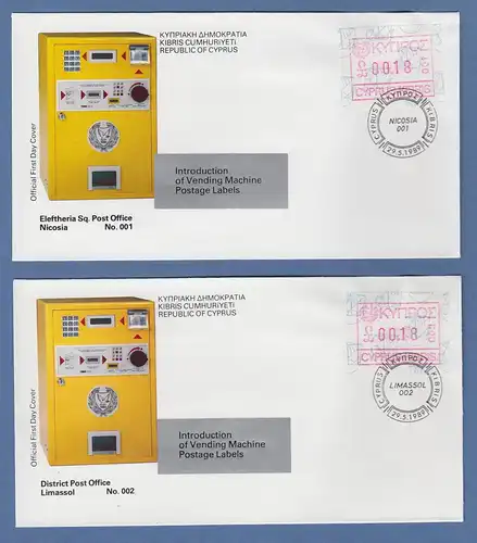 Zypern Frama-ATM 1989 Aut-Nr. 001 und 002 von VS je auf offiziellem FDC 