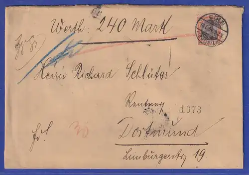 Dt. Reich Germania 30 Pfg. Mi.-Nr. 74 auf Wertbrief von CÖLN nach Dortmund, 1904