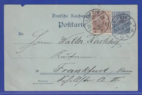 Reichspost-Germania 3 Pfg. b-Farbe als Zufr. auf Ganzsache 1901 gel. ab Leipzig
