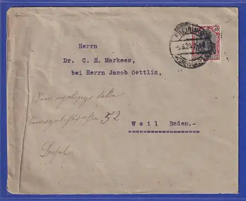 Dt. Reich Germania 40 Pfg. Mi.-Nr. 90IIa auf Brief von Freiburg nach Weil, gpr. 