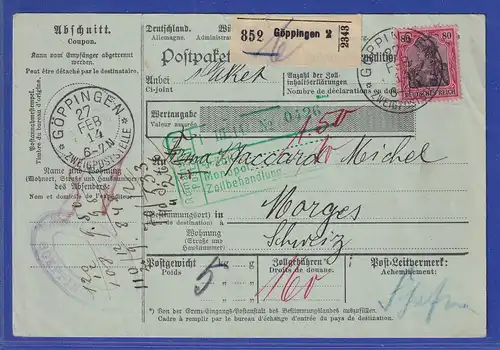 Dt. Reich Germania 80Pfg Mi.-Nr. 93I als EF auf Paketkarte aus Göppingen nach CH