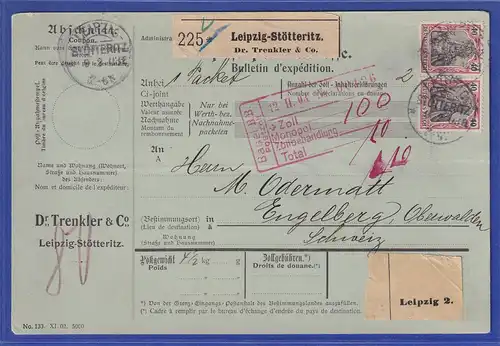 Dt. Reich Germania Mi-Nr. 75 waag. Paar auf Paketkarte aus Leipzig nach CH, 1902