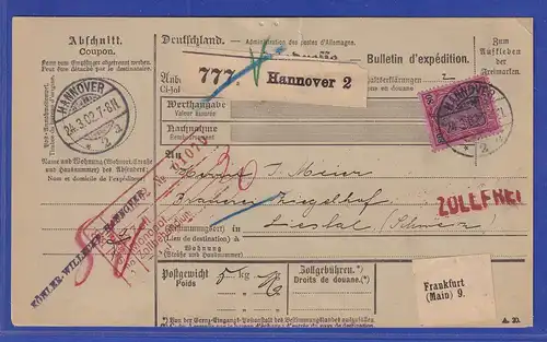 Dt. Reich Germania 80Pfg Mi-Nr. 77 EF auf Paketkarte aus Hannover nach CH, 1902