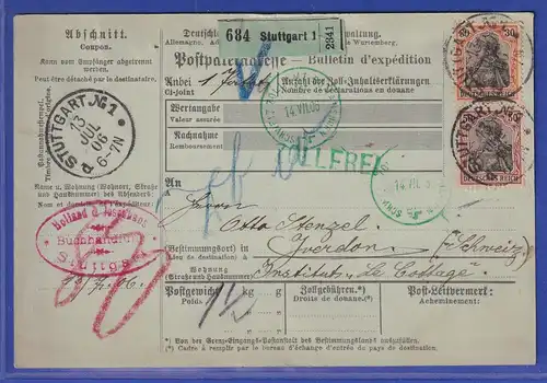 Dt. Reich Germania Mi-Nr. 89 und 91 I auf Paketkarte aus Stuttgart nach CH, 1906