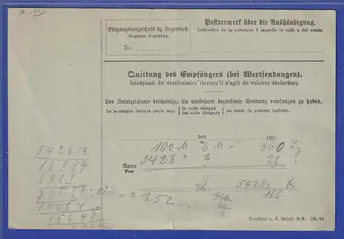 Dt. Reich Germania Mi-Nr. 89 und 91 I auf Paketkarte aus Stuttgart nach CH, 1906