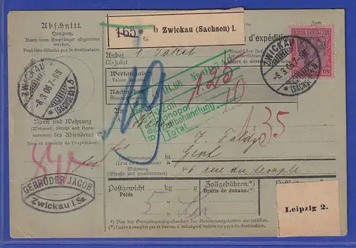Dt. Reich Germania 80Pfg Mi-Nr. 93 I auf Paketkarte aus Zwickau nach CH, 1906