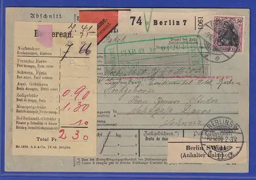 Dt. Reich Germania 50Pfg Mi-Nr. 91 I MEF auf Paketkarte aus Berlin nach CH, 1909
