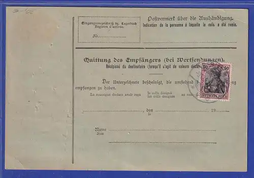 Dt. Reich Germania 50Pfg Mi-Nr. 91 I MEF auf Paketkarte aus Berlin nach CH, 1909