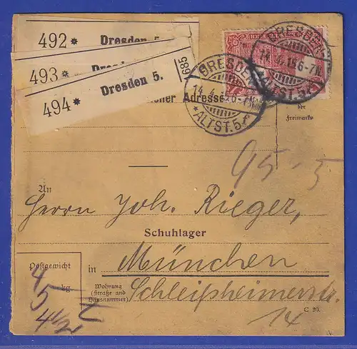 Dt. Reich 1 Mark Mi-Nr. 94IIB und Mi.-Nr. 91II auf Paketkarte aus Dresden, 1915