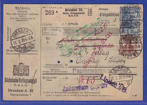 Dt. Reich 2 Mark Mi-Nr. 95BII mehrfach in MIF auf Paketkarte aus Dresden nach CH